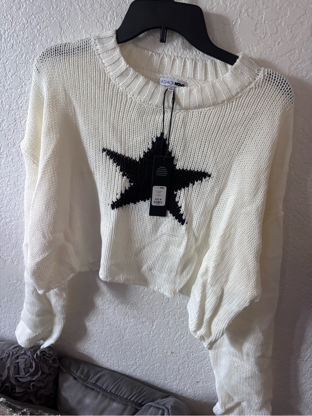 Fashion Nova White Knit Sweater with Black Star